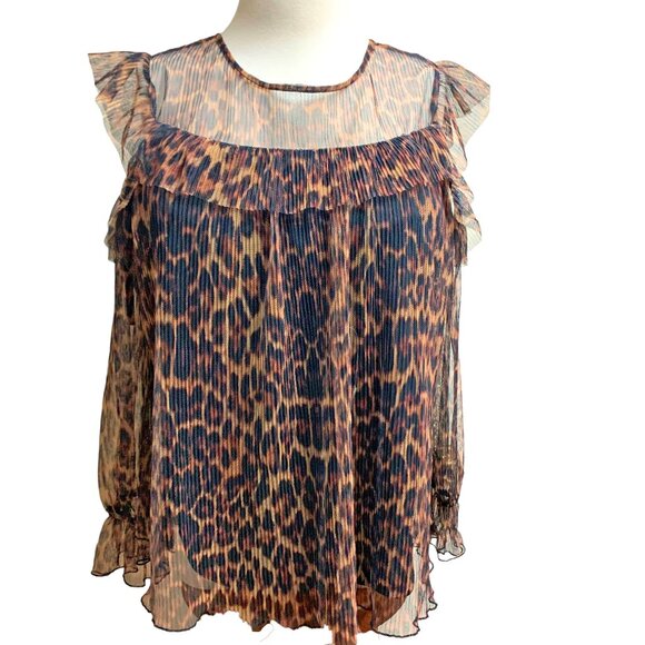 Ashley Stewart Chiffon Pleated Animal Print Cold Shoulder‎ Blouse - Picture 1 of 11